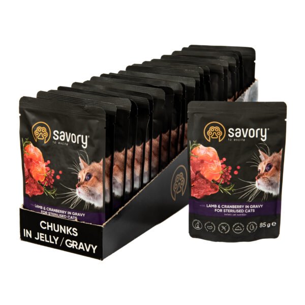 savory sos jagnje brusnica Savory Cat Adult Sterilised - Jagnjetina i Brusnica 22x85g - Dont Ker Pet Shop