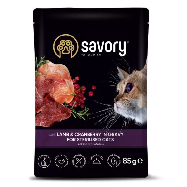 savory sos jagnje brusnica2 Savory Cat Adult Sterilised - Jagnjetina i Brusnica 22x85g - Dont Ker Pet Shop