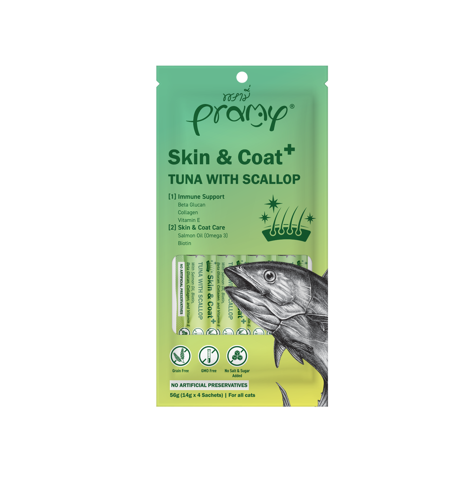 Pramy Cat Skin & Coat Kremasta poslastica Tuna sa Jakobovim kapicama 4 Pramy Cat Skin & Coat Kremasta poslastica Tuna sa Jakobovim kapicama 4x14g - Dont Ker Pet Shop