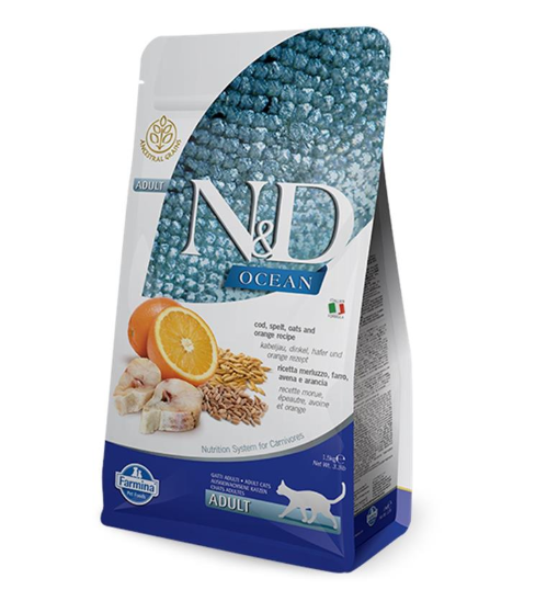 N&D Ocean Cat Adult – Bakalar, spelta, ovas i pomorandža N&D Ocean Cat Adult – Bakalar, spelta, ovas i pomorandža