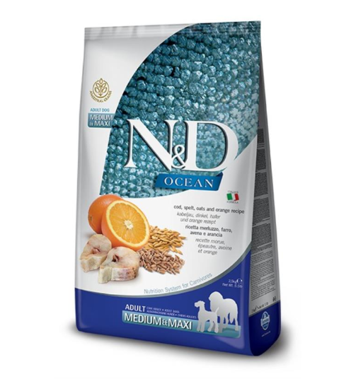 N&D Ocean Dog Adult Medium/Maxi – Bakalar, spelta, ovas i pomorandža 12kg N&D Ocean Dog Adult Medium/Maxi – Bakalar, spelta, ovas i pomorandža 12kg