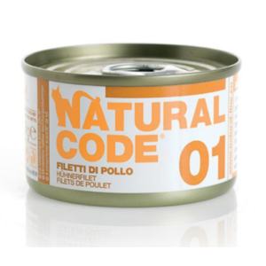 Natural Code pileći file 85g – sočni obrok pilećeg filea namenjen odraslim mačkama. Bez konzervansa, boja i aroma. Bez glutena. Savet za hranjenje: Do 10-15% dnevnog energetskog unosa. Smanjite dnevnu količinu suve hrane proporcionalno unosu vlažnog obroka. Sveža voda treba da bude stalno dostupna. Sastav: 75% pilećeg mesa, 24% bujon, 1% pirinač Analitički sastav: vlaga: 77%, protein: 20%, mast: 0,4%, vlakna:0,1%, pepeo: 0,8%. Rok trajanja, serijski broj i matični broj: Pogledajte žig na konzervi Čuvati na suvom i hladnom mestu. Uvoznik i distributer: Mediport doo, Bulevar Arsenija Čarnojevića 96, 11070 Novi Beograd Proizvođač: Natural Line SRL, Italija