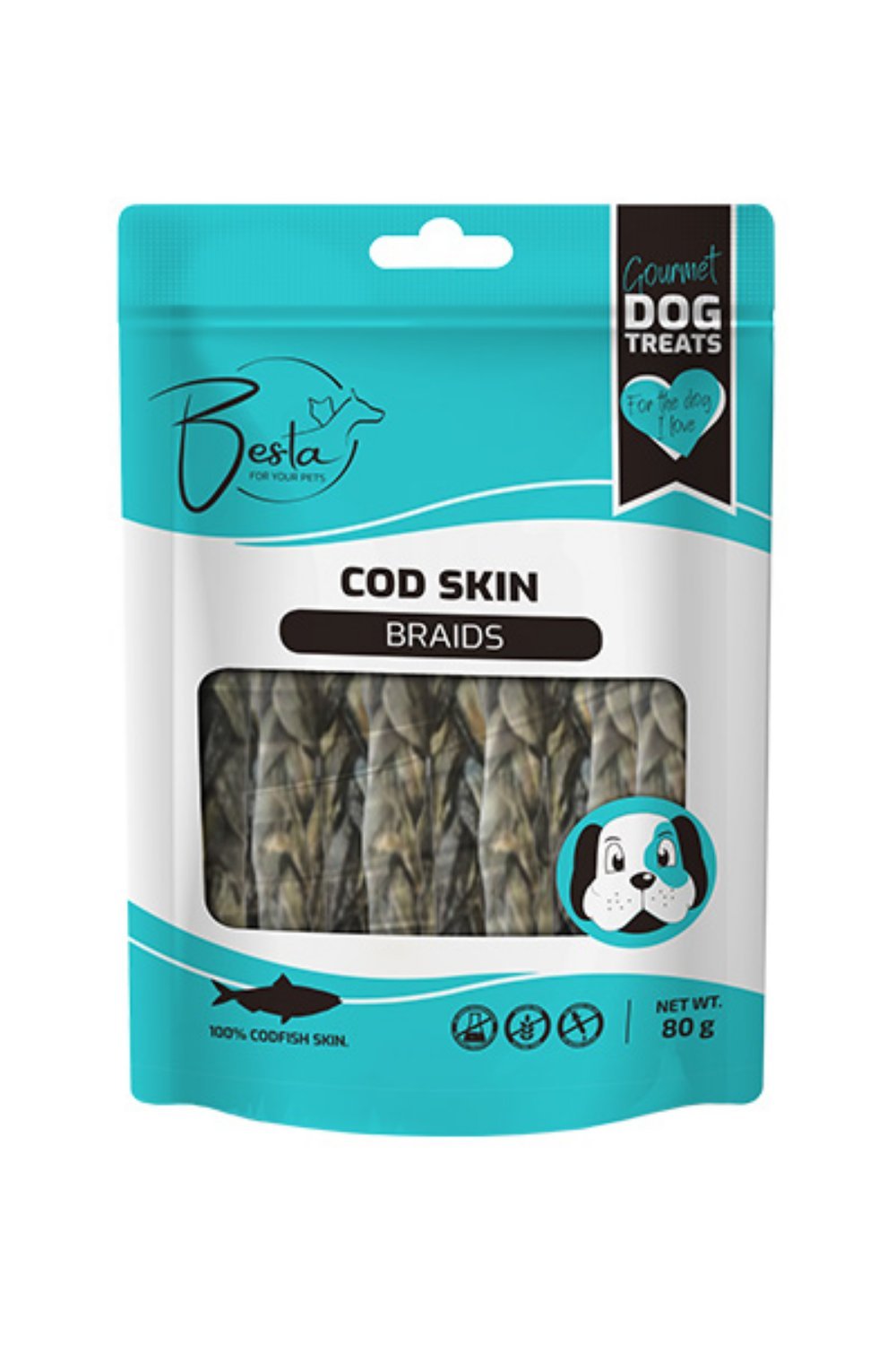 Besta poslastica za pse Braids koža bakalara 80g Besta poslastica za pse Braids koža bakalara 80g