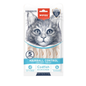 Wanpy Creamy Lickable Treats Hairball Control bakalar i piletina 5x14g