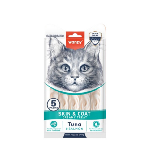Wanpy Creamy Lickable Treats Skin&Coat tuna i losos 5x14g Wanpy Creamy Lickable Treats Skin&Coat tuna i losos 5x14g